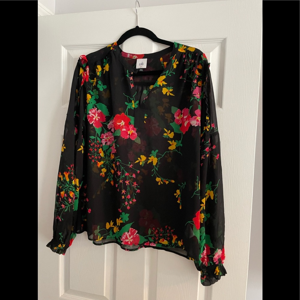 CAbi black, flower print blouse